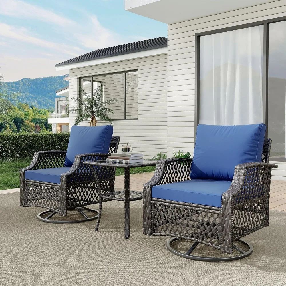 3-Piece Outdoor Swivel Chair Set, Wicker Patio Bistro Set with Thickened 25D Cushions, Glass Coffee Table, Patio Furniture Conv
3-Piece Outdoor Swivel Chair Set, Wicker Patio Bistro Set with Thickened 25D Cushions, Glass Coffee Table, Patio Furniture Conv