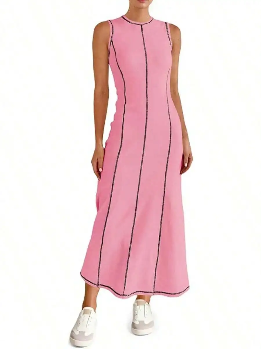 Women Sleeveless Crew Neck Ribbed Knit Maxi Dress With Contrast Seams
Women Sleeveless Crew Neck Ribbed Knit Maxi Dress With Contrast Seams