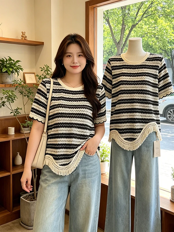 plus Size Casual Summer T-Shirt with Fringe Wave Stripe Loose Fit Women's Top Fashionable Versatile Short Sleeve round Neck
plus Size Casual Summer T-Shirt with Fringe Wave Stripe Loose Fit Women's Top Fashionable Versatile Short Sleeve round Neck