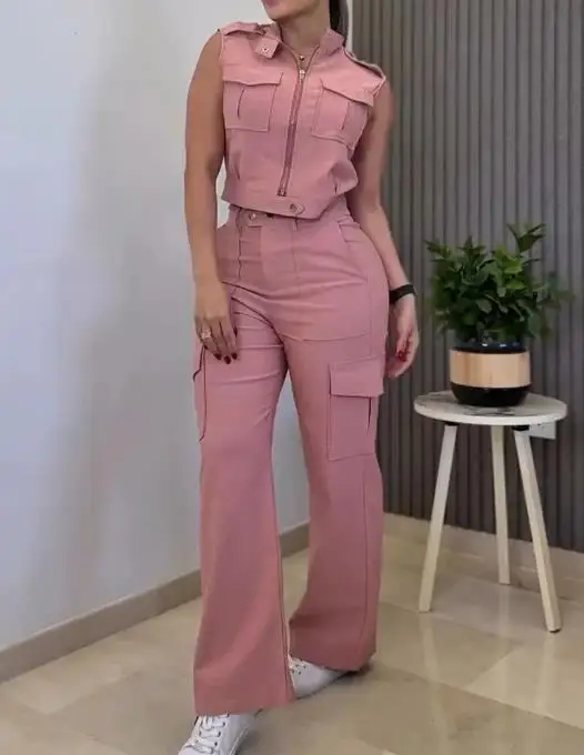 Two Piece Set Women Outfit 2026 New Spring Stand Collar Cargo Pockets Sleeveless Tank Top & Casual High Waist Wide Leg Pants Set
Two Piece Set Women Outfit 2026 New Spring Stand Collar Cargo Pockets Sleeveless Tank Top & Casual High Waist Wide Leg Pants Set