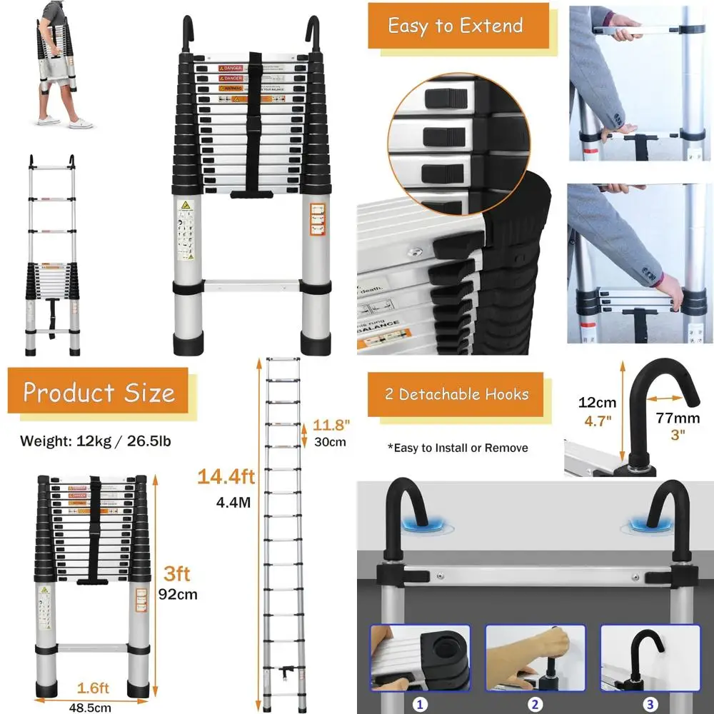 Портативная складная алюминиевая удлинительная лестница, прямая 14,4 фута с крючками, грузоподъемность 330 фунтов, легкая, 28,7 фунтов для улицы и
Портативная складная алюминиевая удлинительная лестница, прямая 14,4 фута с крючками, грузоподъемность 330 фунтов, легкая, 28,7 фунтов для улицы и