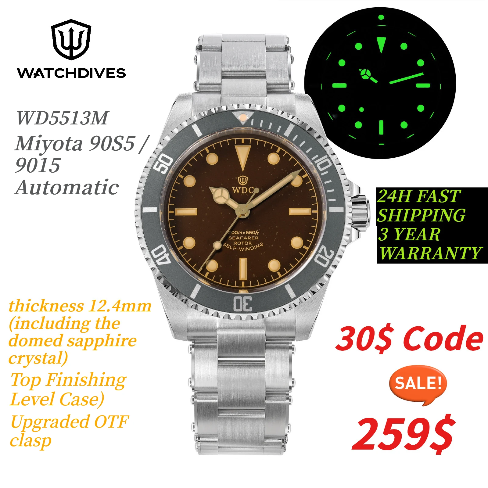Watchdives WD5513M Men Automatic Dive Watch Miyota 90S5 Sapphire 200M Waterproof 40.7mm BGW9 Luminous Steel Bracelet Vintage
Watchdives WD5513M Men Automatic Dive Watch Miyota 90S5 Sapphire 200M Waterproof 40.7mm BGW9 Luminous Steel Bracelet Vintage