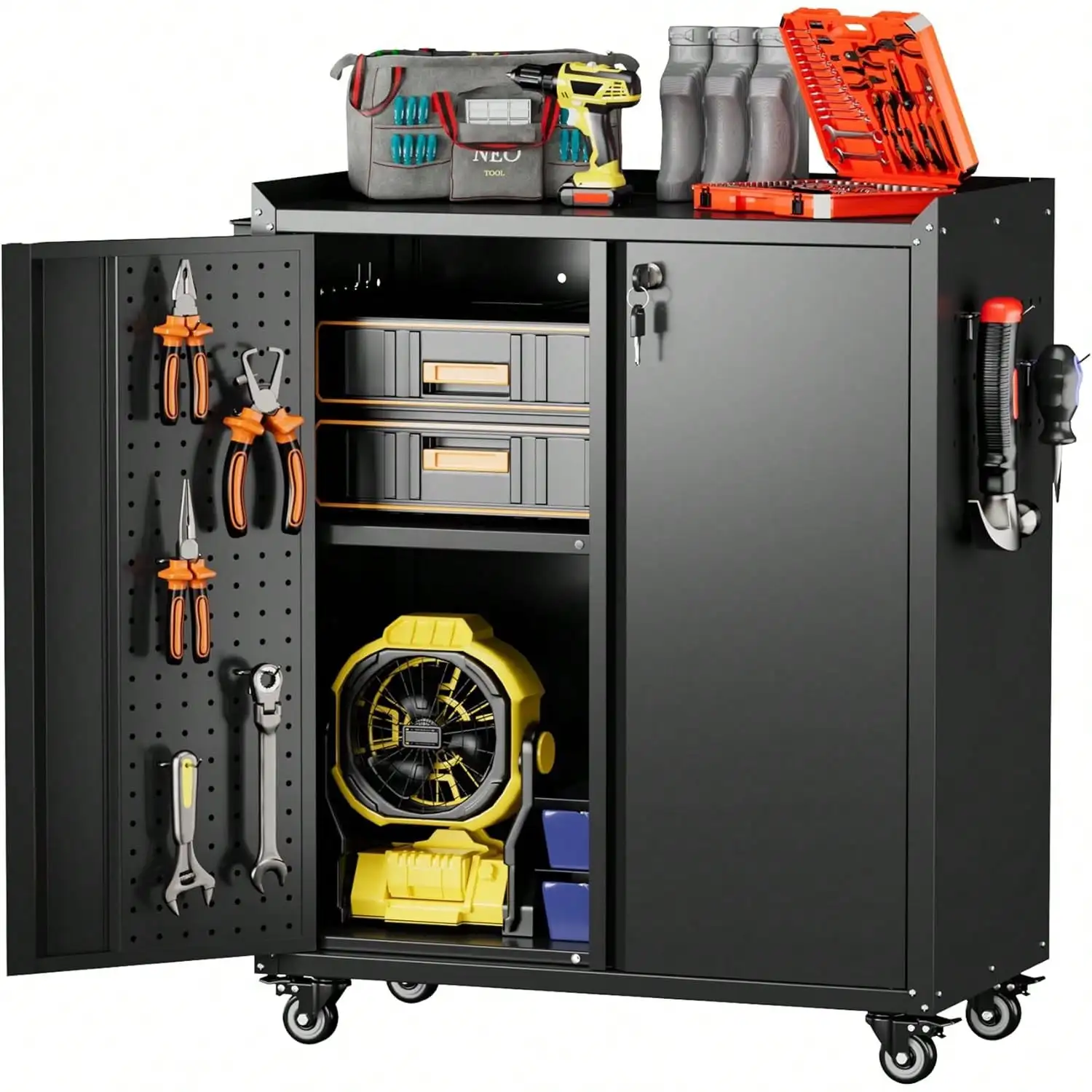 Rolling Metal Storage Cabinet On Wheels, 2 Door Adjustable Shelf Garage Cabinet With Pegboard Hooks, Multi-Purpose Organizer, Black Assembly Needed
Rolling Metal Storage Cabinet On Wheels, 2 Door Adjustable Shelf Garage Cabinet With Pegboard Hooks, Multi-Purpose Organizer, Black Assembly Needed