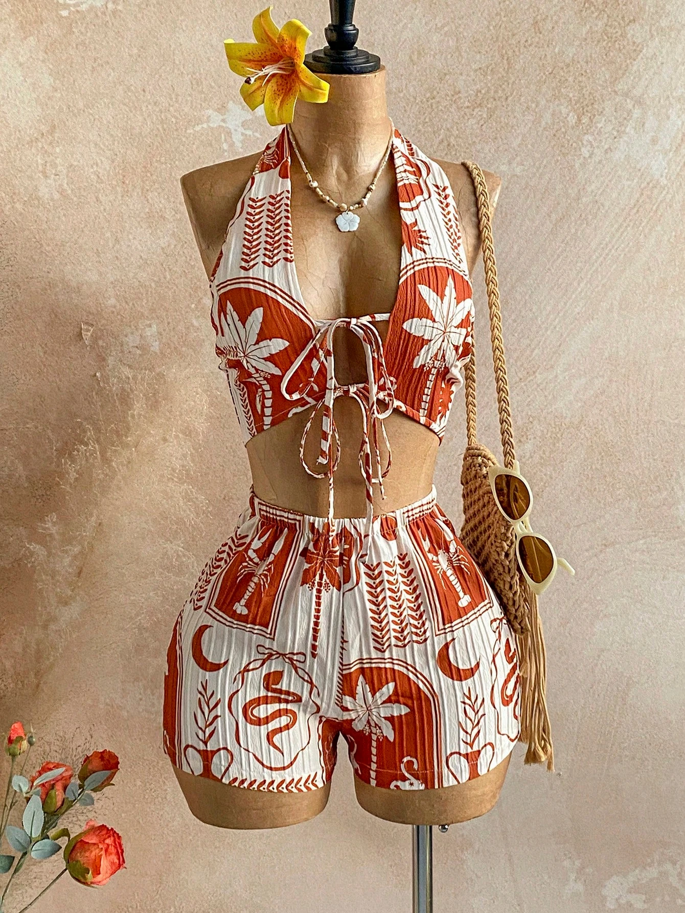 Bohemian Style Holiday Print Two-Piece Set: Halter Neck Deep V Backless Top + High-Waisted Shorts Two-Piece Set
Bohemian Style Holiday Print Two-Piece Set: Halter Neck Deep V Backless Top + High-Waisted Shorts Two-Piece Set