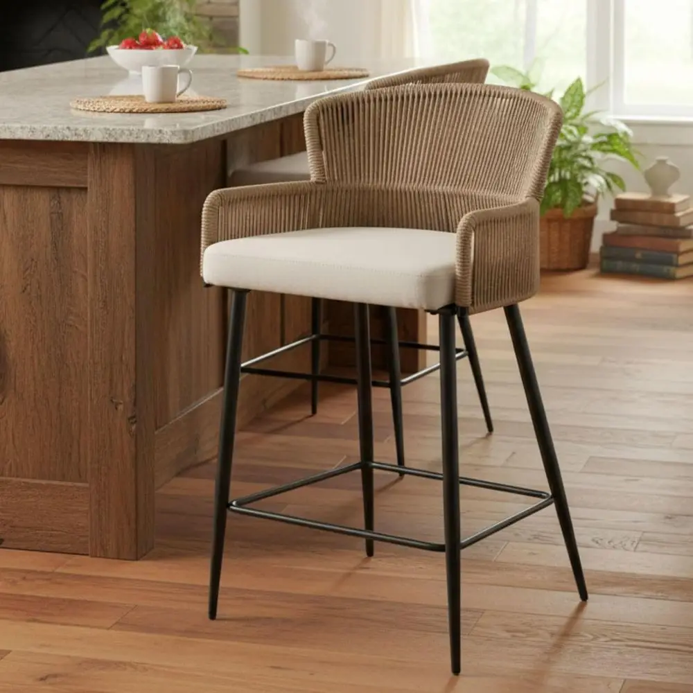 Beige Linen Upholstered Wicker Back Counter Height Bar Stools, 26 Inch for Kitchen Island or Patio Garden
Beige Linen Upholstered Wicker Back Counter Height Bar Stools, 26 Inch for Kitchen Island or Patio Garden