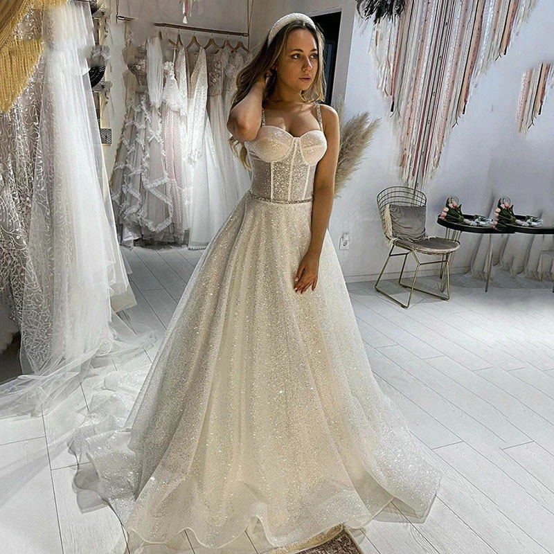 A-Line Boho Wedding Dresses Glitter Tulle Sexy Spaghetti Straps Bride Dress Vestidos de novia Custom Made
A-Line Boho Wedding Dresses Glitter Tulle Sexy Spaghetti Straps Bride Dress Vestidos de novia Custom Made