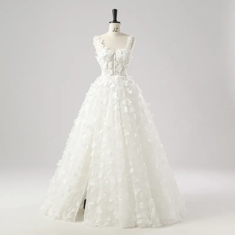 Fairy Tale 3D Lace White Wedding Dress with Front Slit Princess Style Sleeveless Engagement Gown with Cross Strap Customizable
Fairy Tale 3D Lace White Wedding Dress with Front Slit Princess Style Sleeveless Engagement Gown with Cross Strap Customizable