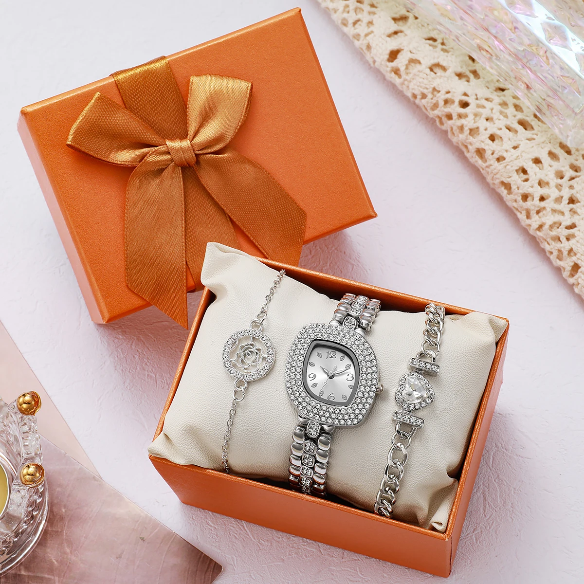 Luxury Silver Rhinestone Watch & Jewelry Set - Square Crystal-Encrusted Dial Watch, Rose & Heart Charm Bracelets, Elegant Access
Luxury Silver Rhinestone Watch & Jewelry Set - Square Crystal-Encrusted Dial Watch, Rose & Heart Charm Bracelets, Elegant Access