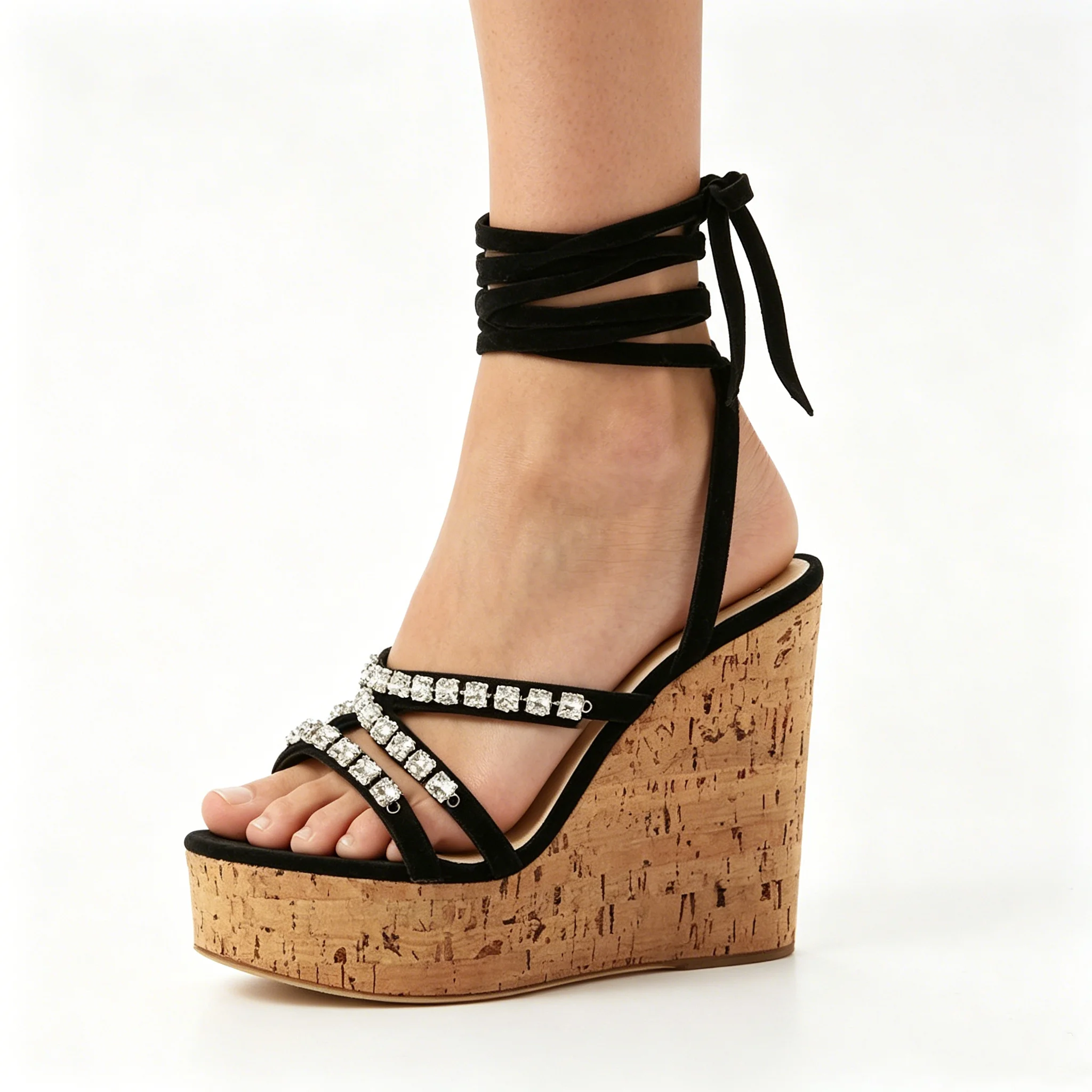 Women Black Suede Cork Wedge Sandals Rhinestone Buckle Wrap Around Tie Leg Fringe Gladiator Bohemian Summer Beach Shoes
Women Black Suede Cork Wedge Sandals Rhinestone Buckle Wrap Around Tie Leg Fringe Gladiator Bohemian Summer Beach Shoes