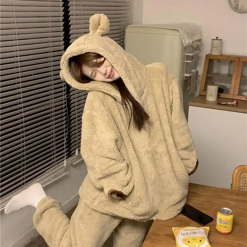 Женские пижамы, комплект одежды для сна с капюшоном, брюки, утепленная фланелевая верхняя одежда из кораллового флиса с милым рисунком, ночная рубашка, женская осенне-зимняя рубашка 
Женские пижамы, комплект одежды для сна с капюшоном, брюки, утепленная фланелевая верхняя одежда из кораллового флиса с милым рисунком, ночная рубашка, женская осенне-зимняя рубашка