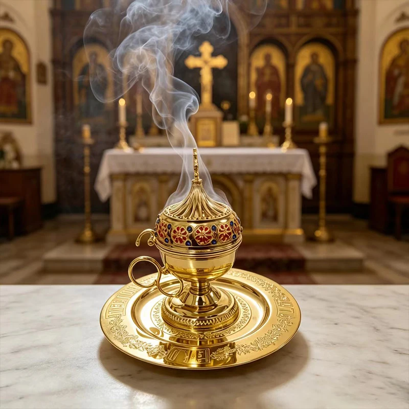 Gold Plated Catholic Orthodox Handheld Incense Burner with Enamel Decor for Church Liturgy Home Altar Prayer Christian Gift Deco
Gold Plated Catholic Orthodox Handheld Incense Burner with Enamel Decor for Church Liturgy Home Altar Prayer Christian Gift Deco