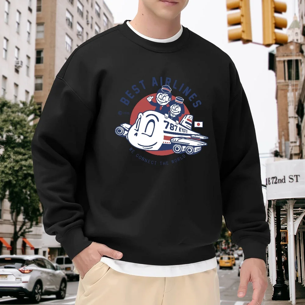 Men's Black Crew Neck Loose Sweatshirt with Fun Airplane Print, Casual Top for Street Style, Comfortable for Daily Commuting, Retro Style Versatile Pullover
Men's Black Crew Neck Loose Sweatshirt with Fun Airplane Print, Casual Top for Street Style, Comfortable for Daily Commuting, Retro Style Versatile Pullover