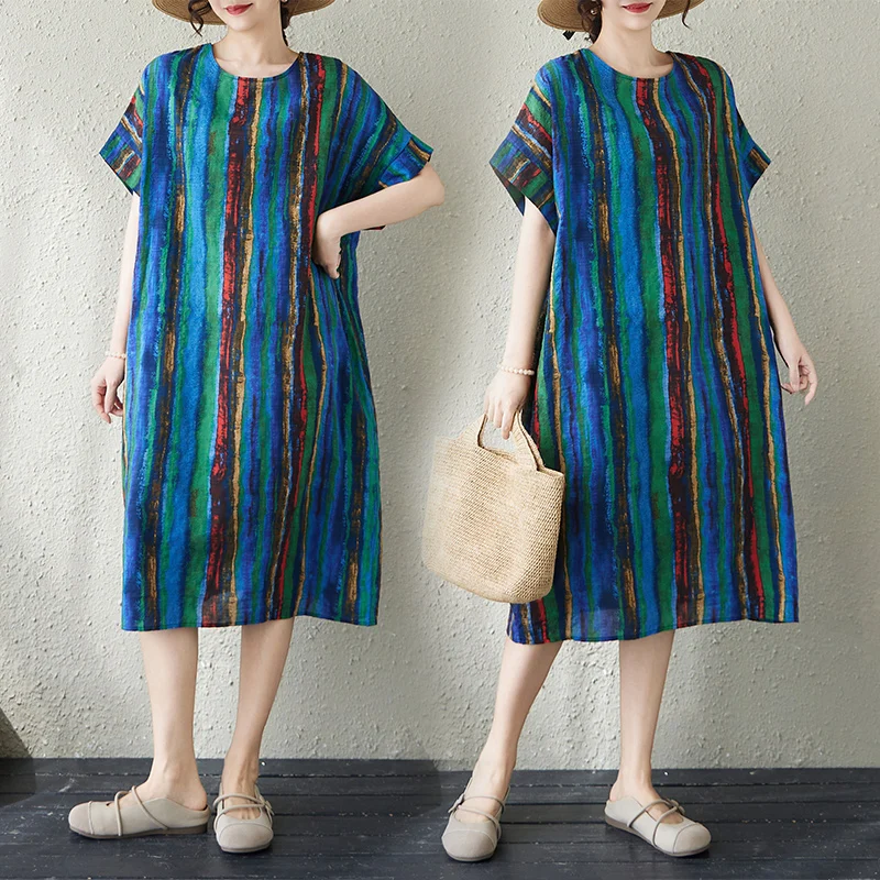 Summer New plus Size Women's Cotton Linen Print Dress Knee-Length Short Sleeve Artistic Style Citywalk Straight Cut Midi Dress
Summer New plus Size Women's Cotton Linen Print Dress Knee-Length Short Sleeve Artistic Style Citywalk Straight Cut Midi Dress