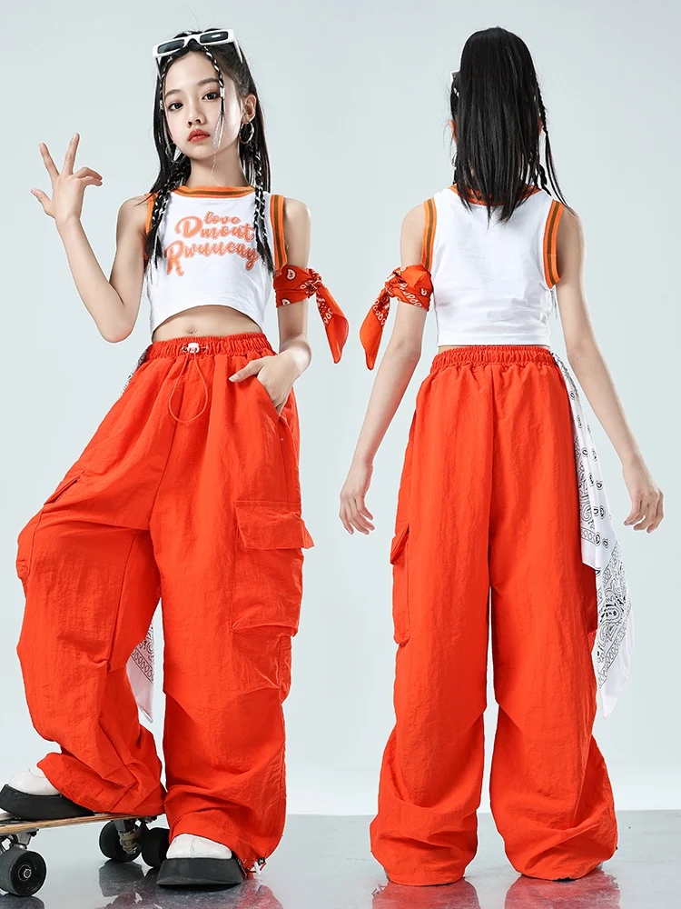 2024 Children Jazz Modern Dance Costumes For Girls White Vest Orange Cargo Pants Streetwear Kids Hip Hop Stage Clothes DQS16421
2024 Children Jazz Modern Dance Costumes For Girls White Vest Orange Cargo Pants Streetwear Kids Hip Hop Stage Clothes DQS16421