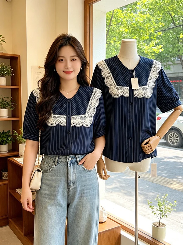 plus Size Women's Lace Bubble Sleeve Shirt Korean Style V-Neck Short Sleeve Casual Fashion High Waist T-Shirt Summer 2026
plus Size Women's Lace Bubble Sleeve Shirt Korean Style V-Neck Short Sleeve Casual Fashion High Waist T-Shirt Summer 2026