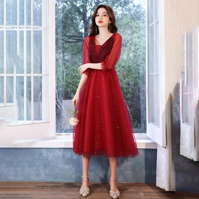 New V-Neck Elegant Evening Dress Empire Half Sleeves Sequins Appliques Tea-Length Lace Up A-Line Woman Formal Party Gown A2523
New V-Neck Elegant Evening Dress Empire Half Sleeves Sequins Appliques Tea-Length Lace Up A-Line Woman Formal Party Gown A2523