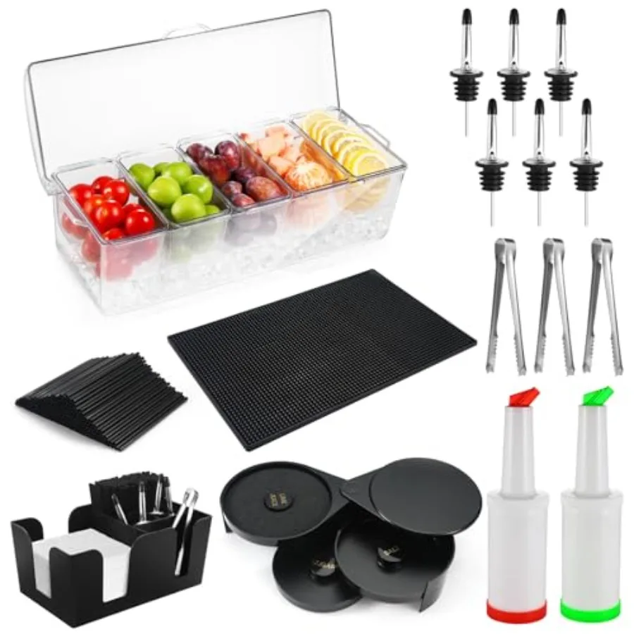 Bartending Supplies - 18" x 12" Bar Mat Garnish Tray with Lid Bar Caddy 3 Tier Bar Glass Rimmer 2 Plastic Juice Pour Bottles 3
Bartending Supplies - 18" x 12" Bar Mat Garnish Tray with Lid Bar Caddy 3 Tier Bar Glass Rimmer 2 Plastic Juice Pour Bottles 3