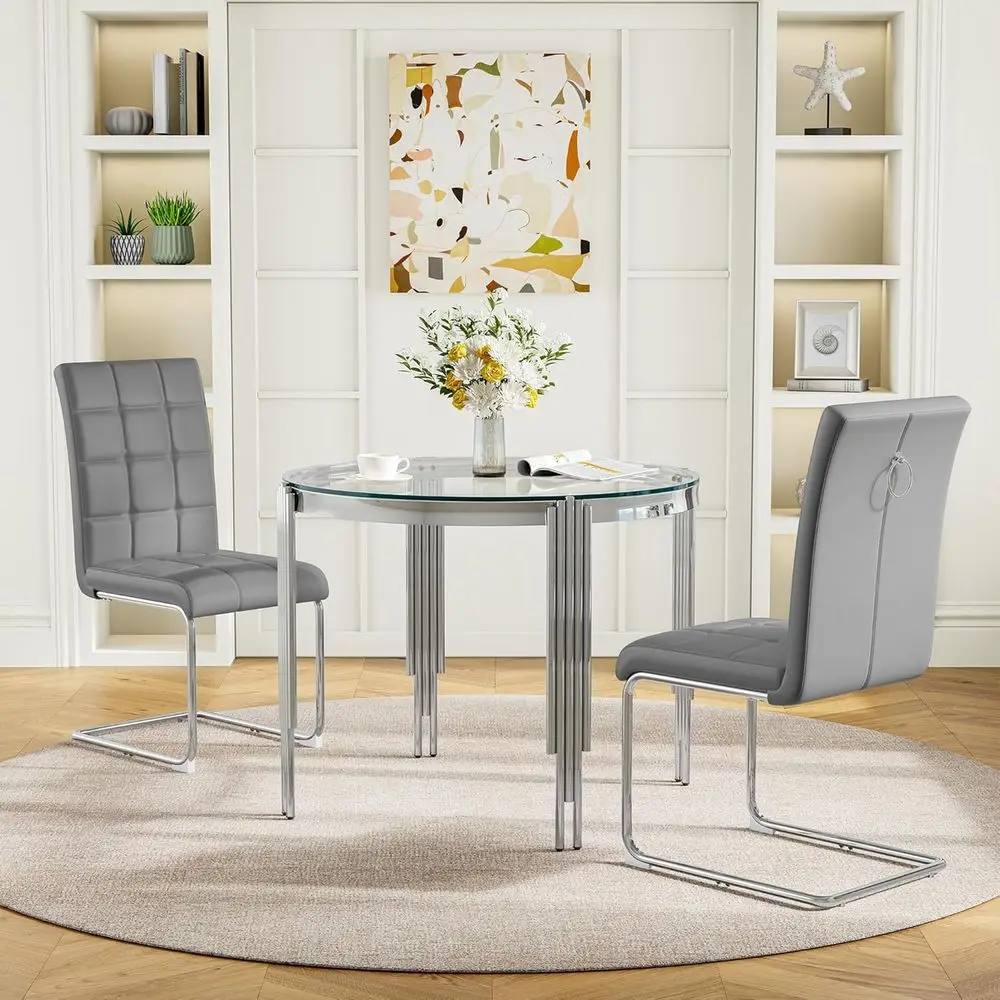 Glass Dining Table Set with 37 Clear Glass Top and 2 PU Leather Chairs, Silver/Gray
Glass Dining Table Set with 37 Clear Glass Top and 2 PU Leather Chairs, Silver/Gray