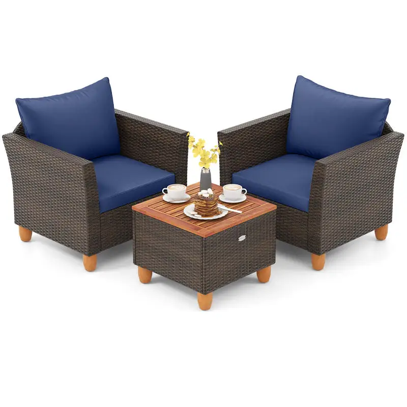 3 Pieces Patio PE Wicker Furniture Set with Cushions and Acacia Wood Storage Coffee Table-Navy
3 Pieces Patio PE Wicker Furniture Set with Cushions and Acacia Wood Storage Coffee Table-Navy