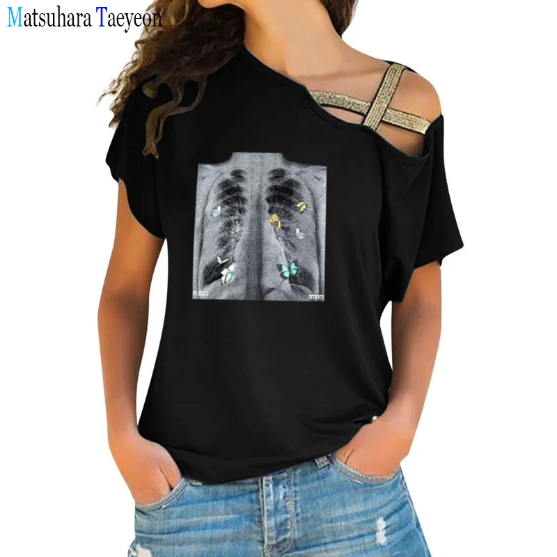 Women T Shirt Xray Skeleton Graphics Print T-Shirt Harajuku Tshirt Irregular Skew Nails Cross Bandage Summer Casual Tops Tee
Women T Shirt Xray Skeleton Graphics Print T-Shirt Harajuku Tshirt Irregular Skew Nails Cross Bandage Summer Casual Tops Tee
