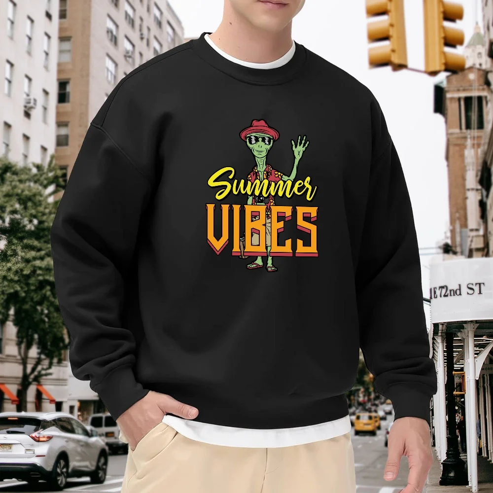 Men's Black Crew Neck Loose Sweatshirt with Alien Summer Vibes Print, Casual Street Style Top, Comfortable and Versatile for Everyday Wear
Men's Black Crew Neck Loose Sweatshirt with Alien Summer Vibes Print, Casual Street Style Top, Comfortable and Versatile for Everyday Wear