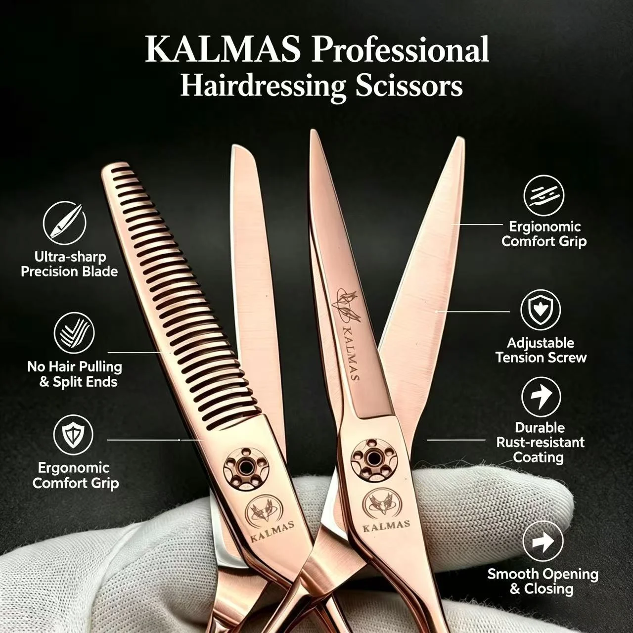 KALMAS Genuine VG10 Steel Rose Gold 6-inch Scissors Set, Suitable for Stylists' Hair Clippers with No Trace Teeth Clippers
KALMAS Genuine VG10 Steel Rose Gold 6-inch Scissors Set, Suitable for Stylists' Hair Clippers with No Trace Teeth Clippers