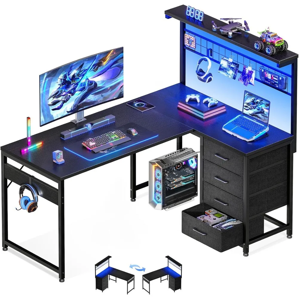 43" L-Shaped Gaming Desk for Compact Spaces with Shelf, Hutch, LED Light, and 4 Drawers
43" L-Shaped Gaming Desk for Compact Spaces with Shelf, Hutch, LED Light, and 4 Drawers