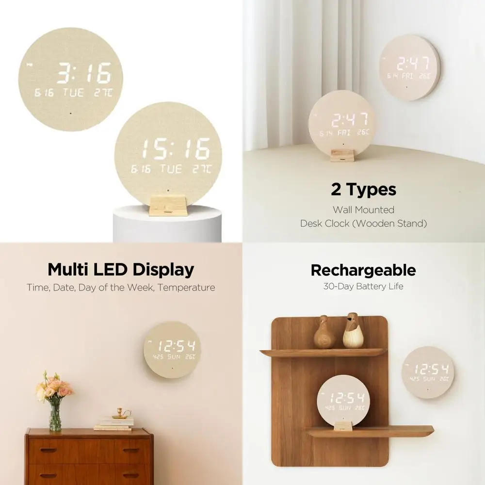 Modern Minimalist LED Wall Clock with Date, Temperature, Auto Brightness, Cordless & Wooden Stand for Home or Office
Modern Minimalist LED Wall Clock with Date, Temperature, Auto Brightness, Cordless & Wooden Stand for Home or Office