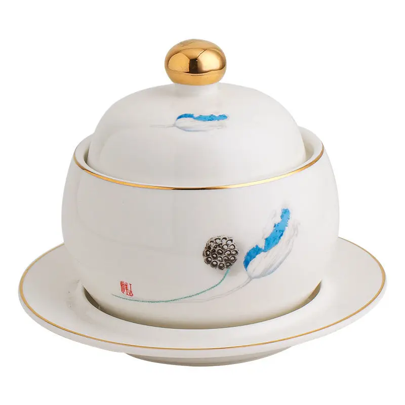 Water-proof Stew Pot Ceramic Bird's Nest Dessert Bowl Stew Soup Steaming Soup Pot with Lid Tableware Outline In Gold with Plate
Water-proof Stew Pot Ceramic Bird's Nest Dessert Bowl Stew Soup Steaming Soup Pot with Lid Tableware Outline In Gold with Plate