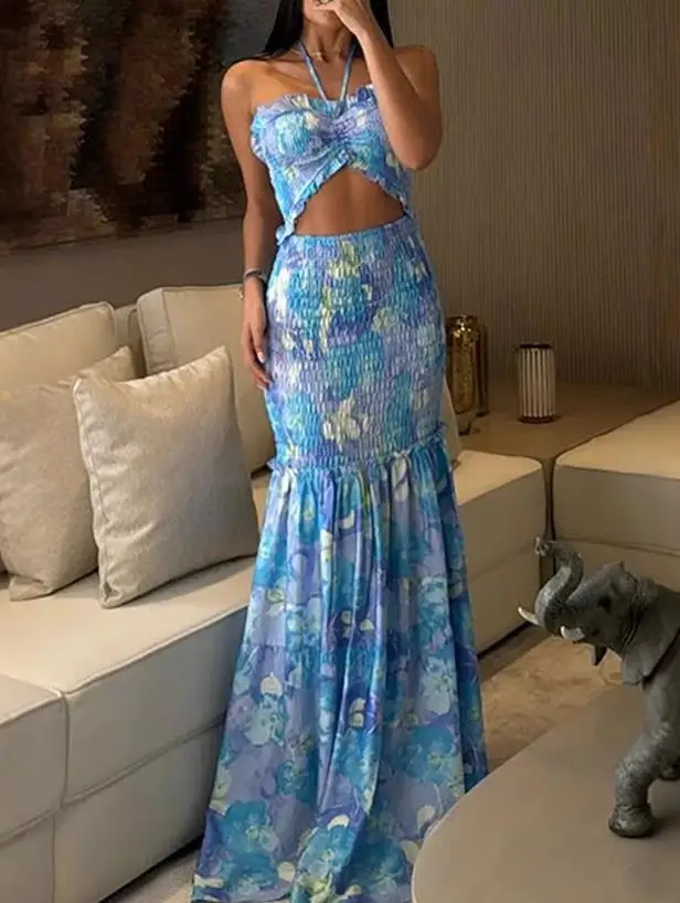 Women's Fashion 2025 Summer Dress Latest Style Elegant Floral Print Halter Hollow Out Maxi Dress Casual Shirred Fishtail Dress
Women's Fashion 2025 Summer Dress Latest Style Elegant Floral Print Halter Hollow Out Maxi Dress Casual Shirred Fishtail Dress