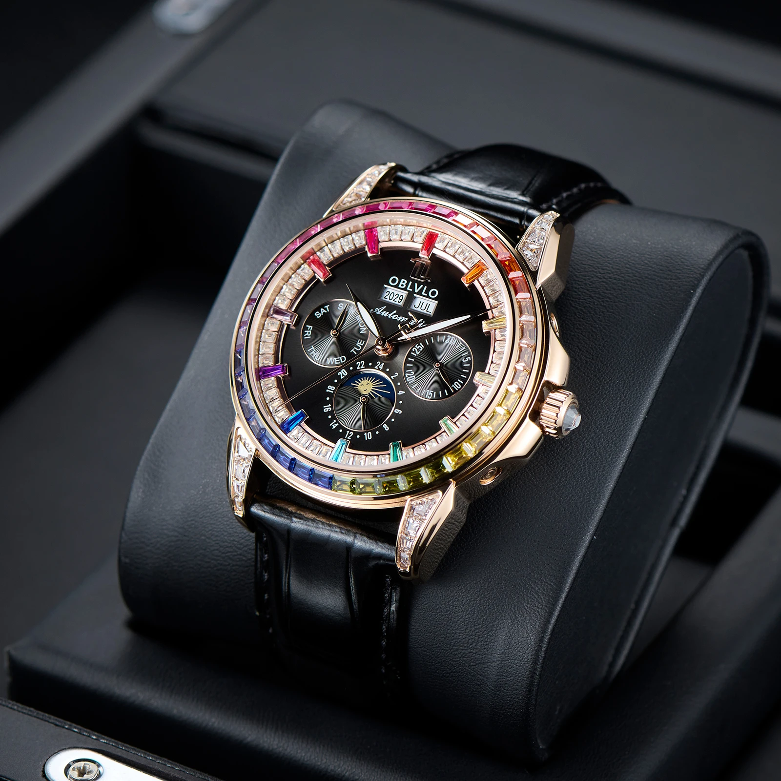 OBLVLO Men's Multifunctional Moonphase Automatic Watch Colorful Diamonds Black Leather Strap Mechanical Relojes GCM
OBLVLO Men's Multifunctional Moonphase Automatic Watch Colorful Diamonds Black Leather Strap Mechanical Relojes GCM