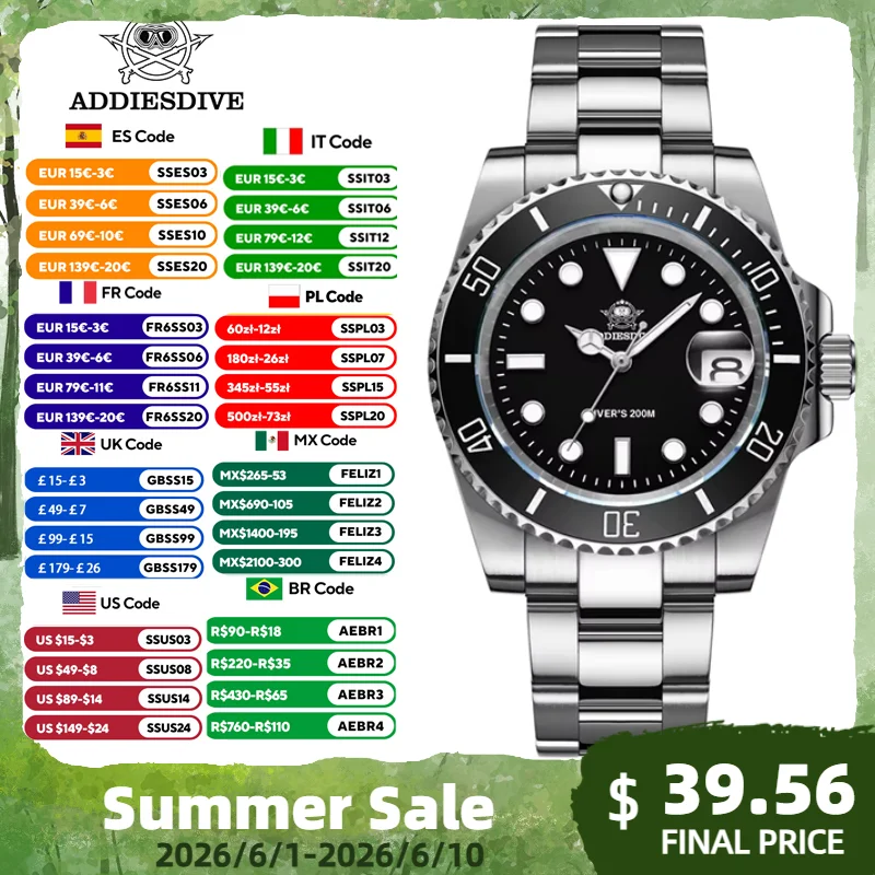 ADDIESDIVE Luminous Mens Quartz Watch Stainless Steel Ceramic Bezel Analog Watches 200m Waterproof Calendar Diving Wristwatches
ADDIESDIVE Luminous Mens Quartz Watch Stainless Steel Ceramic Bezel Analog Watches 200m Waterproof Calendar Diving Wristwatches