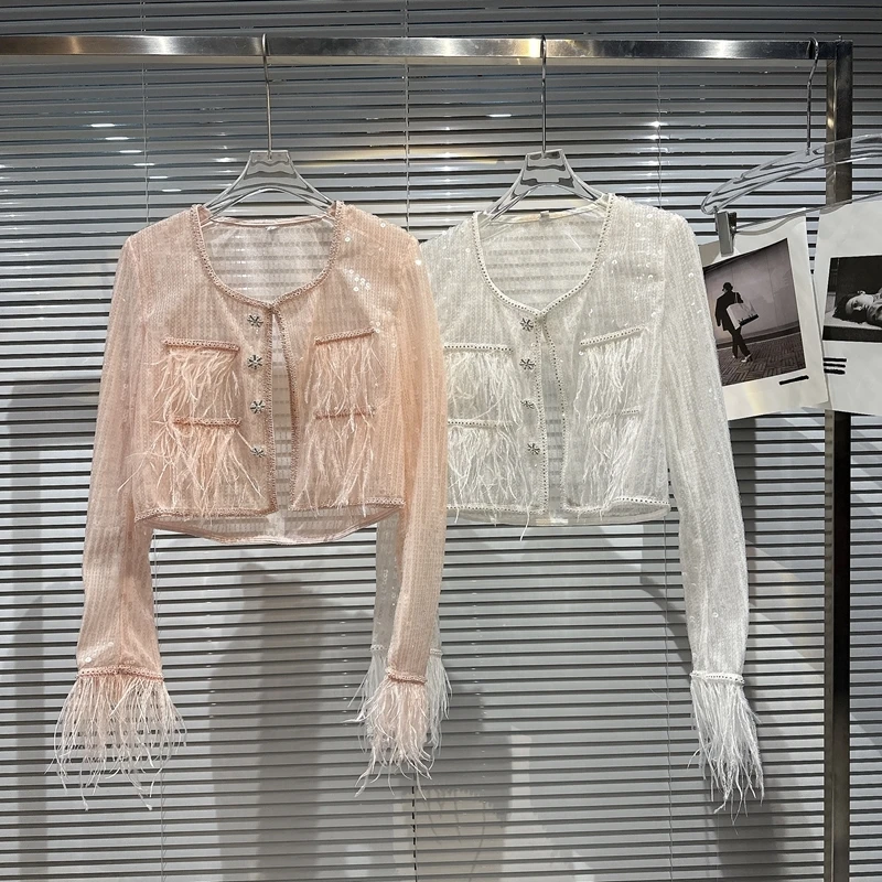 Spring Summer New Collection Feathers Long Sleeve Rhinestone Buttons Sequins Mesh Sunscreen Short Jacket Women
Spring Summer New Collection Feathers Long Sleeve Rhinestone Buttons Sequins Mesh Sunscreen Short Jacket Women