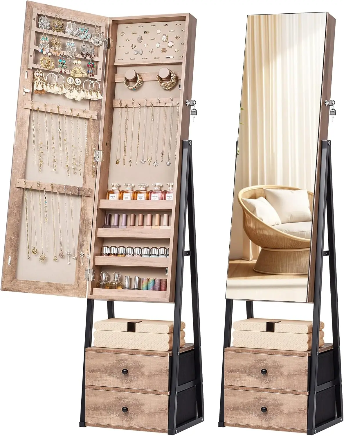 Напольный шкаф для украшений с зеркалом в полный рост, 2 ящиками, с замком, цвет «отбеленный дуб»
Напольный шкаф для украшений с зеркалом в полный рост, 2 ящиками, с замком, цвет «отбеленный дуб»