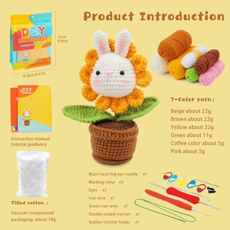 Sunflower Potted Rabbit Material Pack, DIY Crochet Doll Knitted Yarn, Crochet Accessories,Home Decor Gifts, English Illustration
Sunflower Potted Rabbit Material Pack, DIY Crochet Doll Knitted Yarn, Crochet Accessories,Home Decor Gifts, English Illustration
