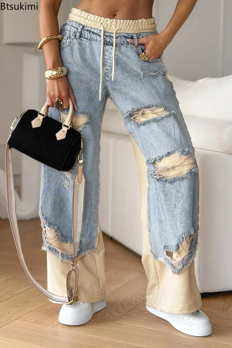 Woman Hole Style Patchwork Denim Pants Casual Street Women's Trousers Spring Fashion Multicoloured Elastic Waist Straight Jeans
Woman Hole Style Patchwork Denim Pants Casual Street Women's Trousers Spring Fashion Multicoloured Elastic Waist Straight Jeans