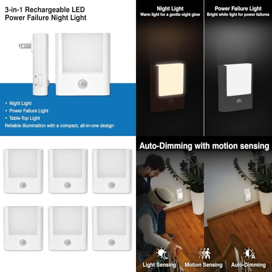 6-Pack 3-in-1 Emergency Night Light for Power Failure, plug into wall, LED with Motion Sensor, Auto-On During Outages, Survival
6-Pack 3-in-1 Emergency Night Light for Power Failure, plug into wall, LED with Motion Sensor, Auto-On During Outages, Survival