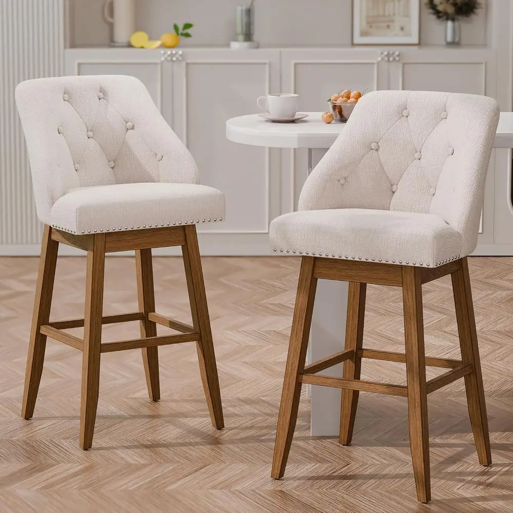 Swivel Upholstered Bar Stools with Tuted Back, 30 High, Solid Wood Legs, Beige Fabric, Set of 2
Swivel Upholstered Bar Stools with Tuted Back, 30 High, Solid Wood Legs, Beige Fabric, Set of 2
