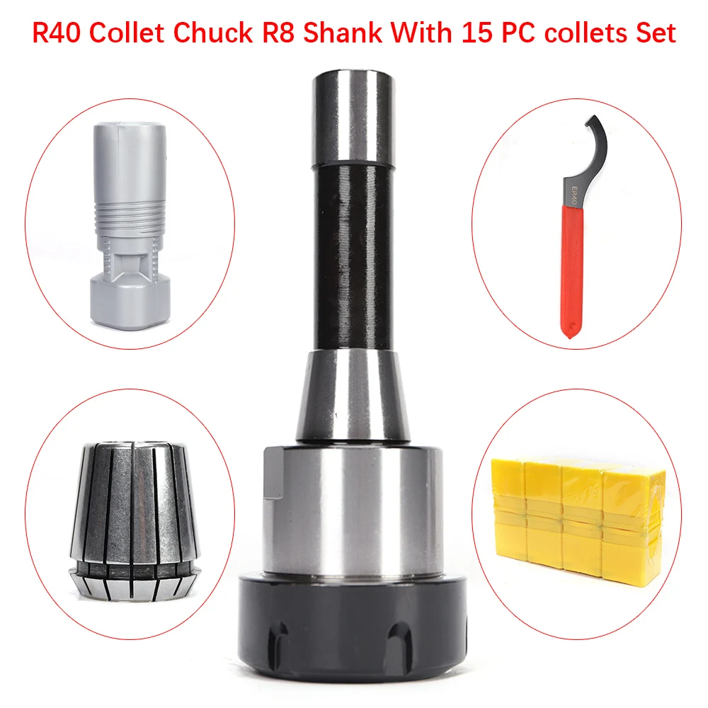 R40 Collet Chuck R8 Shank With 15Pcs Collets Set For Engraving Machine & CNC Milling Lathe Tool High Precision
R40 Collet Chuck R8 Shank With 15Pcs Collets Set For Engraving Machine & CNC Milling Lathe Tool High Precision