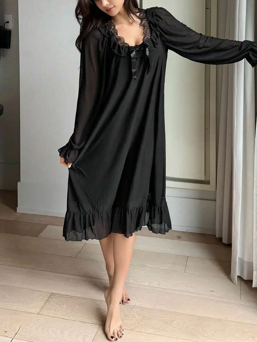 Womens Black Lace Trim Ruffle Hem Nightgown Sleepwear Long Sleeve Chiffon Pajama
Womens Black Lace Trim Ruffle Hem Nightgown Sleepwear Long Sleeve Chiffon Pajama