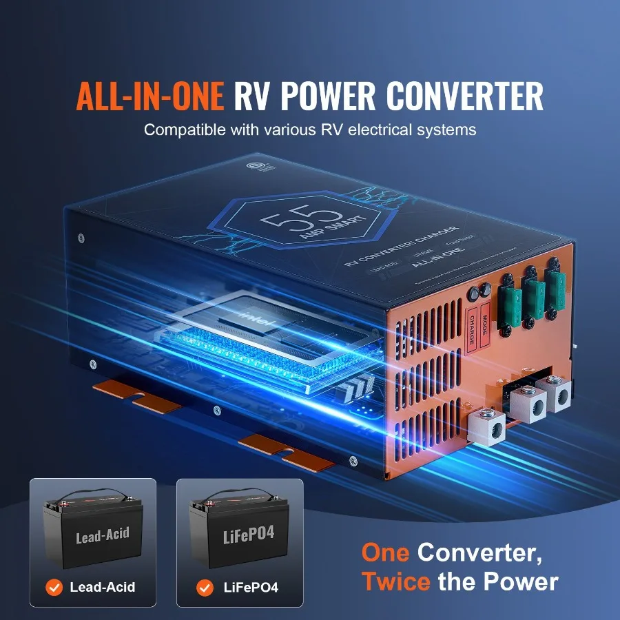 RV Converter 55 Amp 110V AC to 12V DC Power Converter with 4 Stage Smart Charging Adjustable 13V to 16.5V Lithium Lead Acid Com
RV Converter 55 Amp 110V AC to 12V DC Power Converter with 4 Stage Smart Charging Adjustable 13V to 16.5V Lithium Lead Acid Com