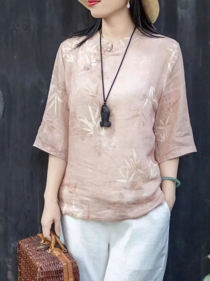 Chinese Style Hemp Print Short Collar Bead Button Women's Shirt Cotton Linen Material Spring Summer Vintage Zen Spirit Top
Chinese Style Hemp Print Short Collar Bead Button Women's Shirt Cotton Linen Material Spring Summer Vintage Zen Spirit Top