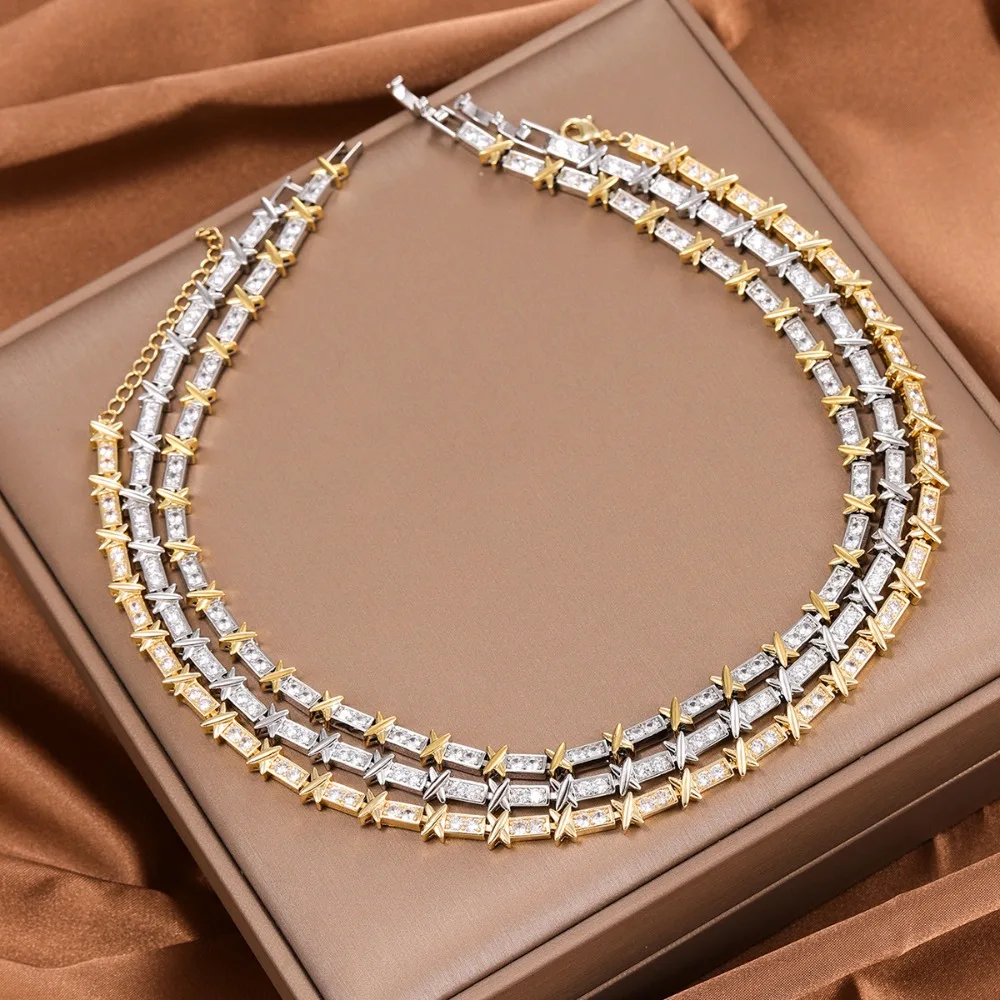 Two Tone Gold Silver Cross Tennis Choker Necklace, Full Pave Cubic Zirconia Bling Statement Chain Daily Party Stack Jewelry
Two Tone Gold Silver Cross Tennis Choker Necklace, Full Pave Cubic Zirconia Bling Statement Chain Daily Party Stack Jewelry