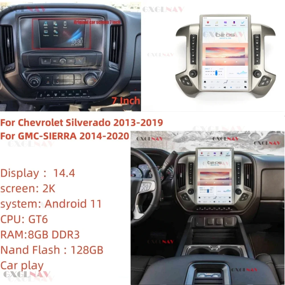 Автомобильный радиоприемник с вертикальным экраном Carplay GPS для Chevrolet Silverado 2013 - 2019/GMC SIERRA 2014 - 2020 Android 11, головное устройство 14,4 дюйма
Автомобильный радиоприемник с вертикальным экраном Carplay GPS для Chevrolet Silverado 2013 - 2019/GMC SIERRA 2014 - 2020 Android 11, головное устройство 14,4 дюйма