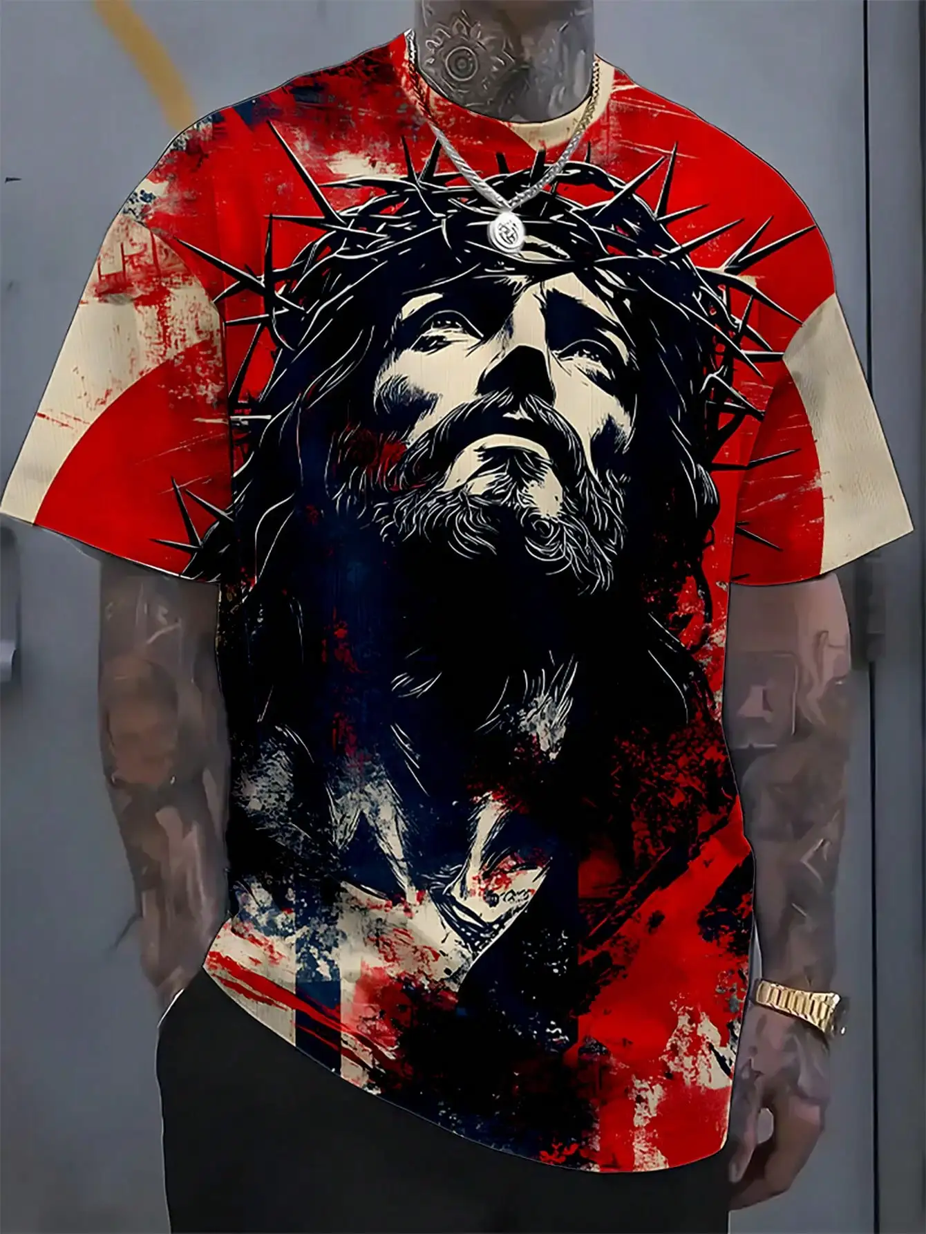 Distressed Graphic Print Men's Short Sleeve Round Neck T-Shirt, Red & Black Artistic Design
Distressed Graphic Print Men's Short Sleeve Round Neck T-Shirt, Red & Black Artistic Design