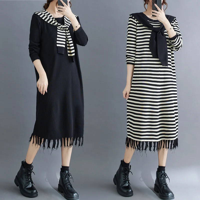 Winter Fall Fashion Women's Korean Style Striped Dress Female Long Sleeve Fake Two Pieces Knitted Mid-long Tassel Frock Clothing
Winter Fall Fashion Women's Korean Style Striped Dress Female Long Sleeve Fake Two Pieces Knitted Mid-long Tassel Frock Clothing