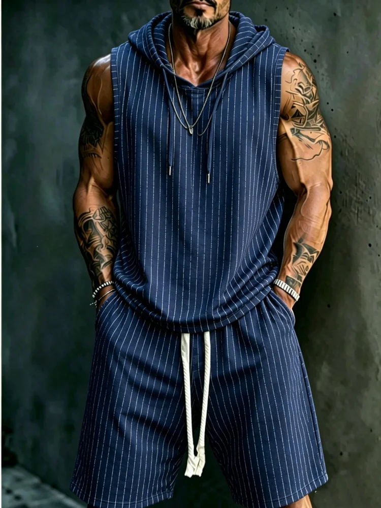 Men's Sleeveless Hooded Tank & Shorts Set, Loose Comfort Navy Pinstripe Casual Streetwear
Men's Sleeveless Hooded Tank & Shorts Set, Loose Comfort Navy Pinstripe Casual Streetwear