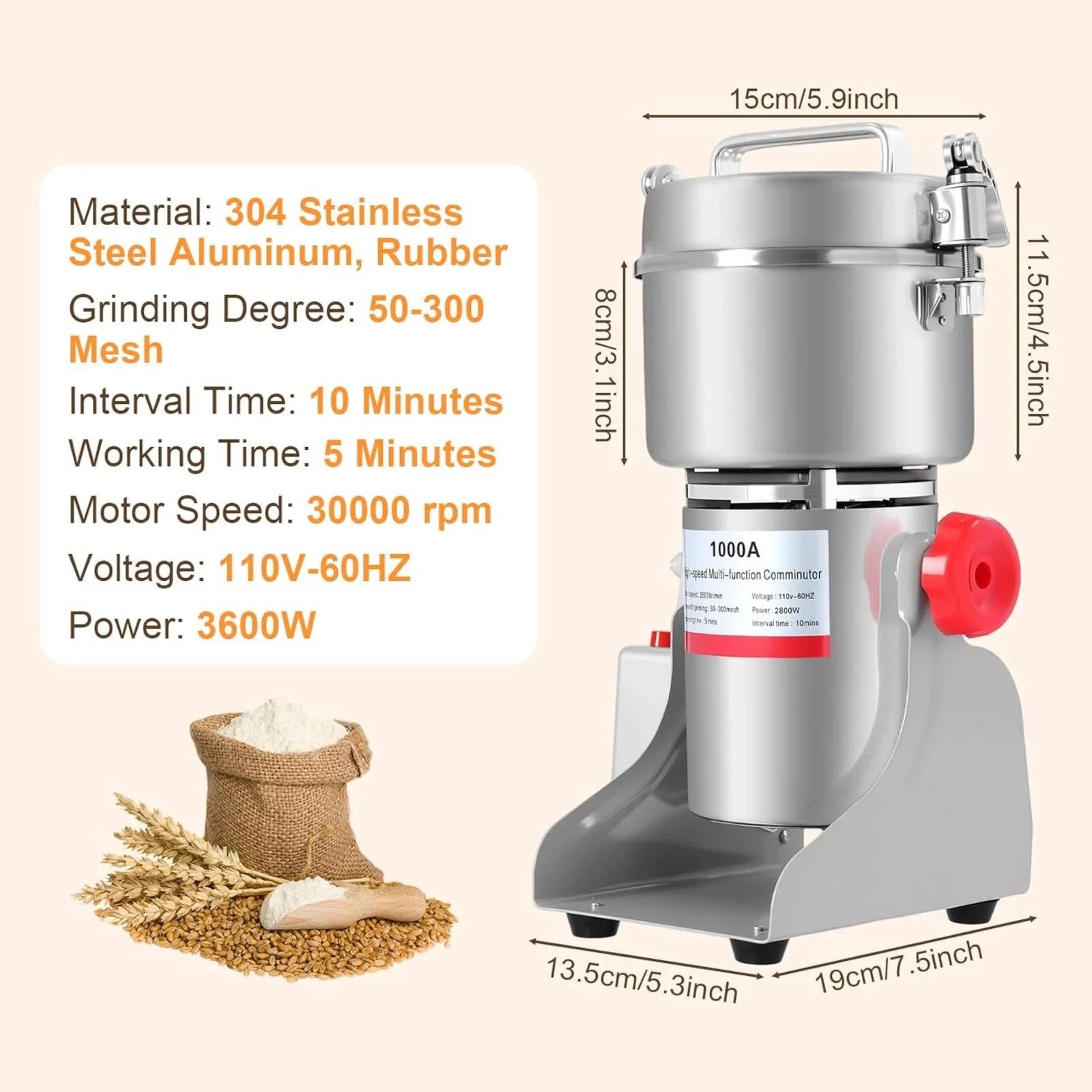 1000g Electric Grain Mill Grinder, 3600W High Speed Commercial Stainless Steel Powder Machine for Dry Grains & Coffee Beans
1000g Electric Grain Mill Grinder, 3600W High Speed Commercial Stainless Steel Powder Machine for Dry Grains & Coffee Beans