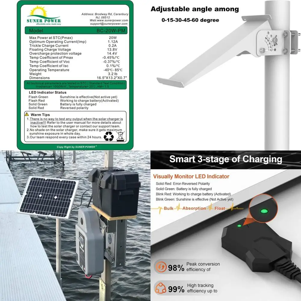 20W Solar Panel with Built-in MPPT Controller and Adjustable Pole Mount for 12V Battery Maintenance
20W Solar Panel with Built-in MPPT Controller and Adjustable Pole Mount for 12V Battery Maintenance