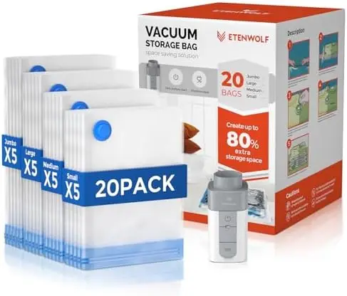 ETENWOLF 20-Pack Vacuum Storage Bags with Wireless Pump – Space-Saving Travel Bags for Luggage & Suitcases
ETENWOLF 20-Pack Vacuum Storage Bags with Wireless Pump – Space-Saving Travel Bags for Luggage & Suitcases